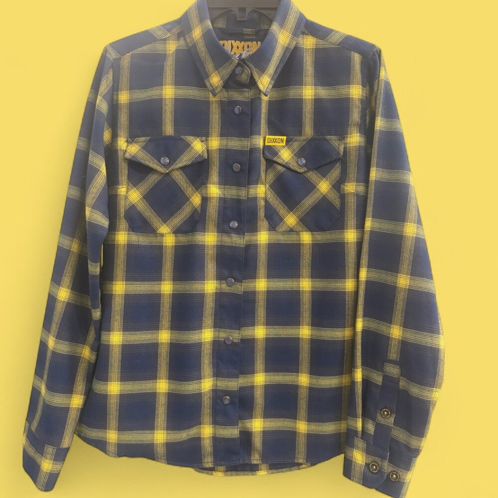 Dixxon Aim High Women's Blue Yellow Plaid Flannel Button Down Size M